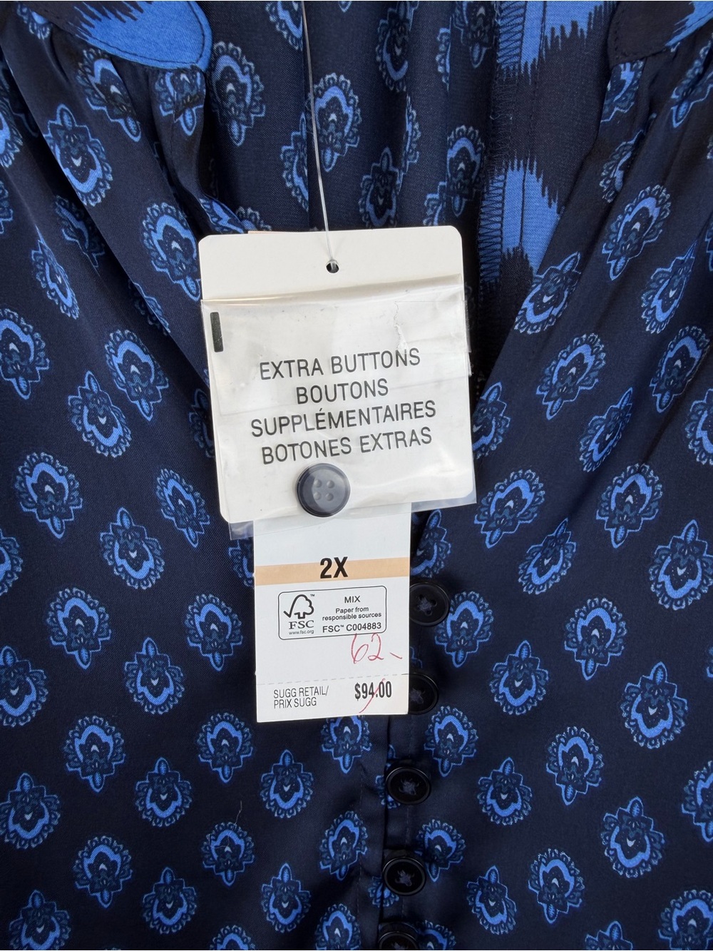 Jones New York Navy and Blue Printed V-Neck Blouse 2X - Picture 4 of 6